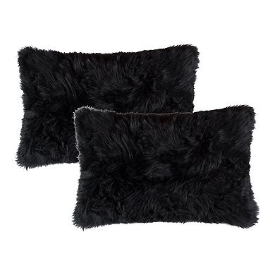 HomeRoots Set of Two 12" X 20" Black Sheepskin Lumbar Throw Pillows