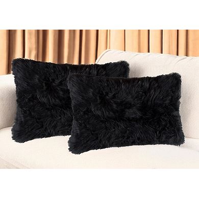HomeRoots Set of Two 12" X 20" Black Sheepskin Lumbar Throw Pillows