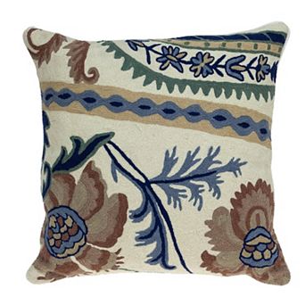 HomeRoots 20" Blue and Beige Floral Wool Throw Pillow With Embroidery