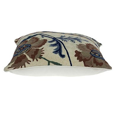 HomeRoots 20" Blue and Beige Floral Wool Throw Pillow With Embroidery