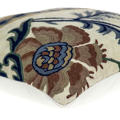 HomeRoots 20" Blue and Beige Floral Wool Throw Pillow With Embroidery