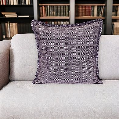 HomeRoots 24" Purple and White Cotton Throw Pillow with Fringe