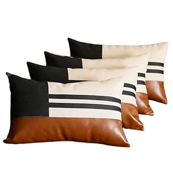 HomeRoots Set of 4 12"x20" Brown Black Ivory Striped Fabric & Faux Leather Lumbar Throw Pillows