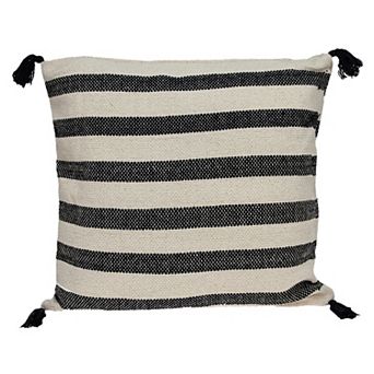 HomeRoots 24" Beige and Black Striped Cotton Throw Pillow With Tassels