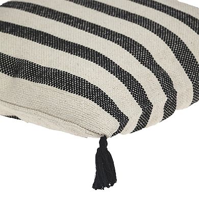 HomeRoots 24" Beige and Black Striped Cotton Throw Pillow With Tassels