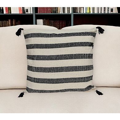 HomeRoots 24" Beige and Black Striped Cotton Throw Pillow With Tassels