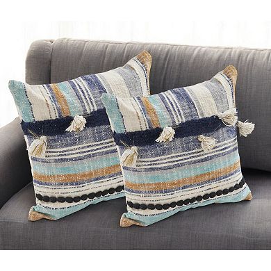 HomeRoots Set of Two Blue Striped Cotton Throw Pillow With Tassels