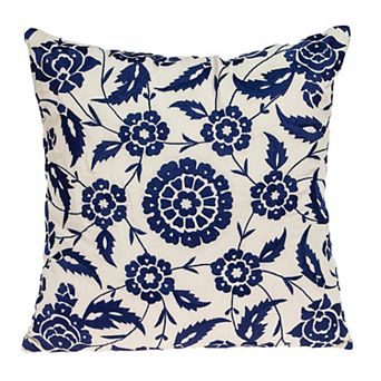 HomeRoots 22" Beige and Indigo Floral Cotton Throw Pillow With Embroidery