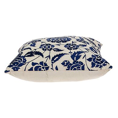 HomeRoots 22" Beige and Indigo Floral Cotton Throw Pillow With Embroidery