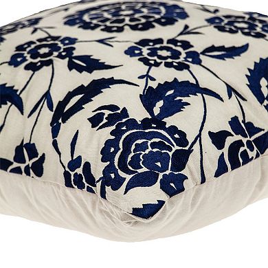 HomeRoots 22" Beige and Indigo Floral Cotton Throw Pillow With Embroidery