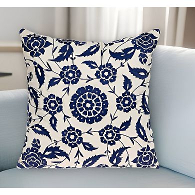 HomeRoots 22" Beige and Indigo Floral Cotton Throw Pillow With Embroidery