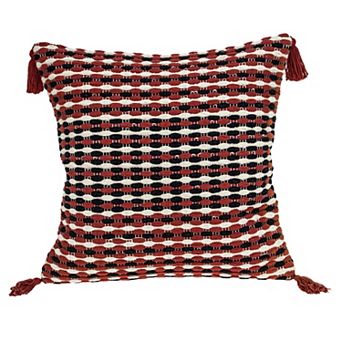 HomeRoots 20" Red and Black Cotton Throw Pillow with Tassels