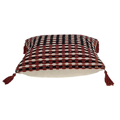 HomeRoots 20" Red and Black Cotton Throw Pillow with Tassels