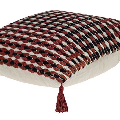 HomeRoots 20" Red and Black Cotton Throw Pillow with Tassels