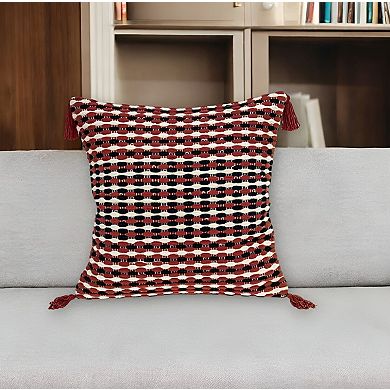 HomeRoots 20" Red and Black Cotton Throw Pillow with Tassels