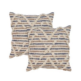 HomeRoots Set of Two Blue Diamond Cotton Throw Pillow With Fringe