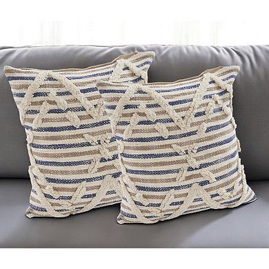 HomeRoots Set of Two Blue Diamond Cotton Throw Pillow With Fringe