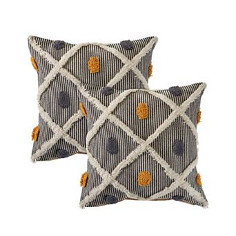 HomeRoots Set of Two Black and Yellow Striped Cotton Throw Pillows With Fringe