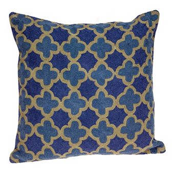 HomeRoots 20" Blue and Brown Quatrefoil Wool Throw Pillow With Embroidery