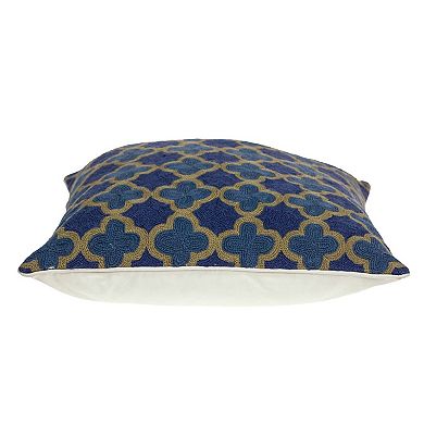 HomeRoots 20" Blue and Brown Quatrefoil Wool Throw Pillow With Embroidery