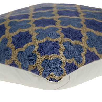 HomeRoots 20" Blue and Brown Quatrefoil Wool Throw Pillow With Embroidery