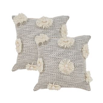 HomeRoots Set of Two Gray and Ivory Floral Cotton Throw Pillows With Fringe