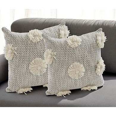HomeRoots Set of Two Gray and Ivory Floral Cotton Throw Pillows With Fringe