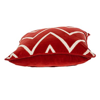 HomeRoots 22" Beige and Red Zigzag Cotton Throw Pillow with Embroidery and Applique