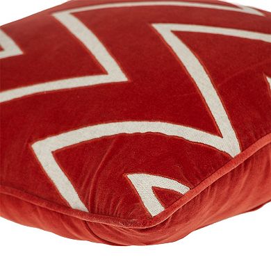 HomeRoots 22" Beige and Red Zigzag Cotton Throw Pillow with Embroidery and Applique