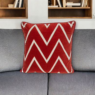 HomeRoots 22" Beige and Red Zigzag Cotton Throw Pillow with Embroidery and Applique