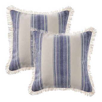 HomeRoots Set of Two 18" Blue and Cream Cotton Throw Pillows with Fringe
