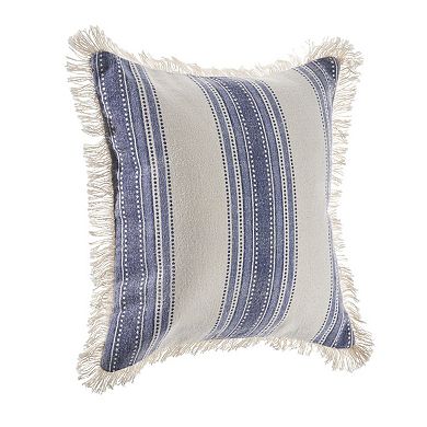 HomeRoots Set of Two 18" Blue and Cream Cotton Throw Pillows with Fringe