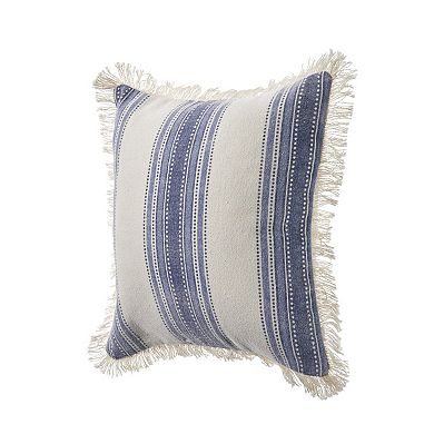 HomeRoots Set of Two 18" Blue and Cream Cotton Throw Pillows with Fringe