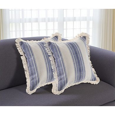 HomeRoots Set of Two 18" Blue and Cream Cotton Throw Pillows with Fringe