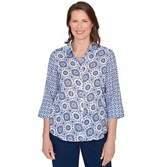 Petite Alfred Dunner Geometric Button Front Collared Top