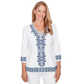 Petite Alfred Dunner Scroll Embroidered V-Neck Top