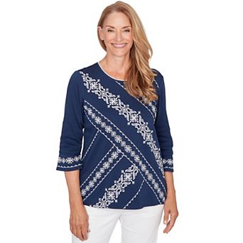 Petite Alfred Dunner Diagonal Scroll Embroidered Crew Neck Top