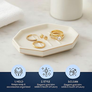 Embossed Porcelain Soap Dish in Cream with Gold Trim Decorative Bar Soap Holder