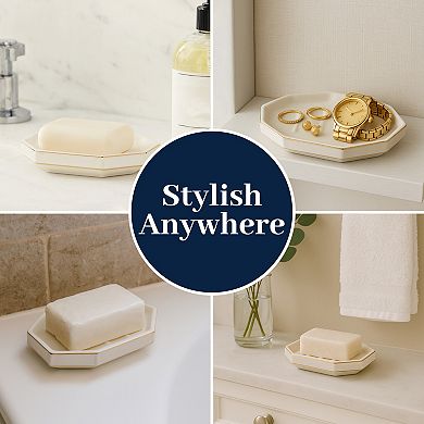 Embossed Porcelain Soap Dish in Cream with Gold Trim Decorative Bar Soap Holder