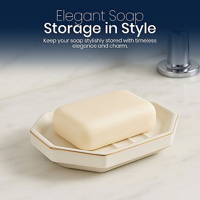 Embossed Porcelain Soap Dish in Cream with Gold Trim Decorative Bar Soap Holder