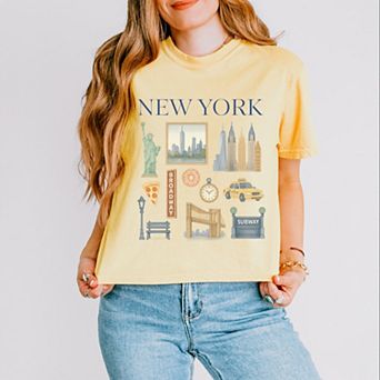 New York Watercolor Collage - Women's Boxy Crop Top Graphic T-Shirt