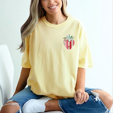 Strawberry Faux Patchwork - Women's Garment Dyed Graphic T-Shirt