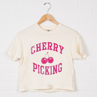 Cherry Picking Varsity Arched - Women's Boxy Crop Top Graphic T-Shirt