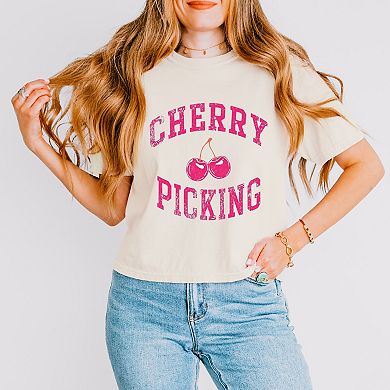 Cherry Picking Varsity Arched - Women's Boxy Crop Top Graphic T-Shirt