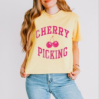 Cherry Picking Varsity Arched - Women's Boxy Crop Top Graphic T-Shirt