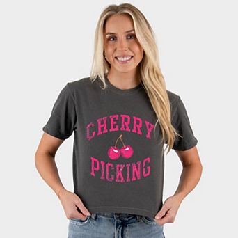 Cherry Picking Varsity Arched - Women's Boxy Crop Top Graphic T-Shirt