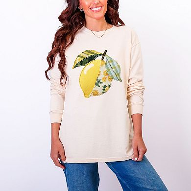 Lemon Faux Patchwork - Women's Garment Dyed Long Sleeve Graphic T-Shirt
