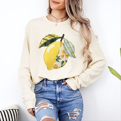 Lemon Faux Patchwork - Women's Garment Dyed Long Sleeve Graphic T-Shirt