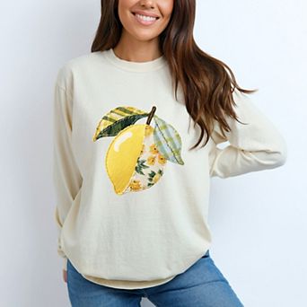 Lemon Faux Patchwork - Women's Garment Dyed Long Sleeve Graphic T-Shirt