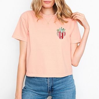 Strawberry Faux Patchwork - Women's Boxy Crop Top Graphic T-Shirt